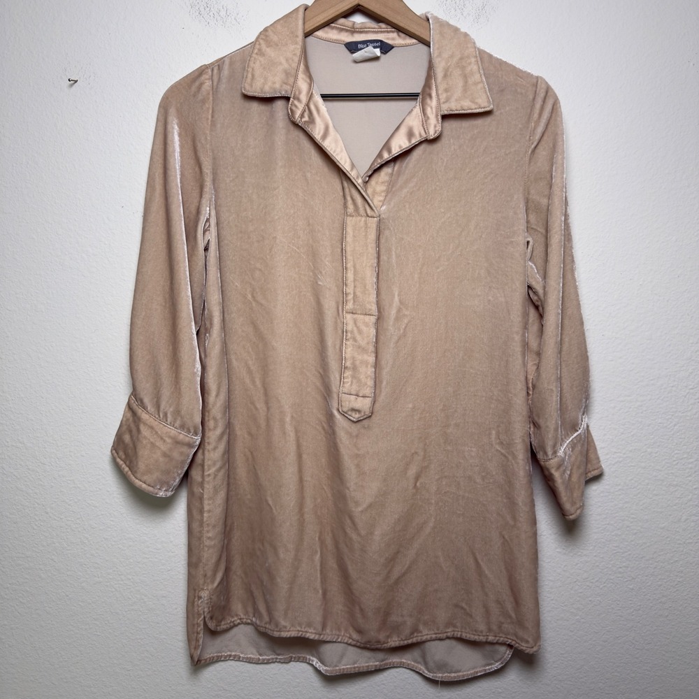 Anthropologie Blue Tassel Women 100% SILK Tunic‎ Top XS Tan Velvet Lagenlook